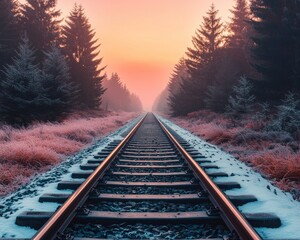 Winter sunrise on a railway track through a frosted forest