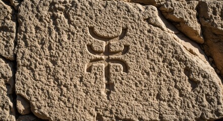 Ancient carved symbol on a weathered stone wall. Old religious or mystical sign for historical and cultural concepts.