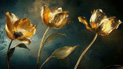 Golden flowers on a dark teal background.