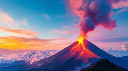 A volcano erupts lava into the air at sunset
