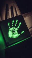 Green glow of a handprint on a dark surface, symbolizing an access control system or biometric security scan for modern technology and data protection.