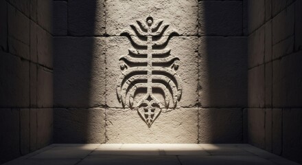 Ancient stone wall with an ornate relief carving illuminated by light. Historical temple architecture and mystical concept.