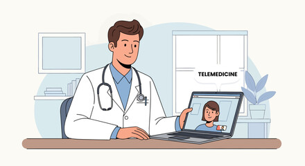 Cartoon doctor on video call with patient telemedicine concept illustration.