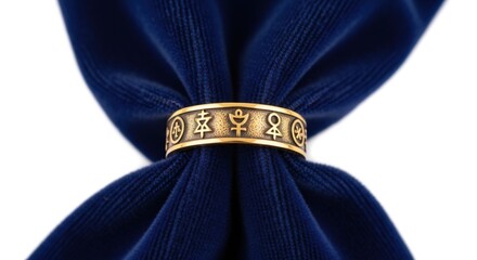 Golden ring with mystical symbols on a dark blue velvet sash. Esoteric jewelry for mystery and spirituality concepts.