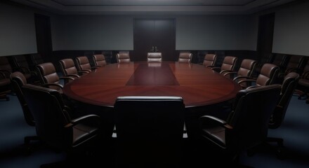 Empty large wooden conference table with executive chairs in dark board room. Business meeting with strategic decision concept.