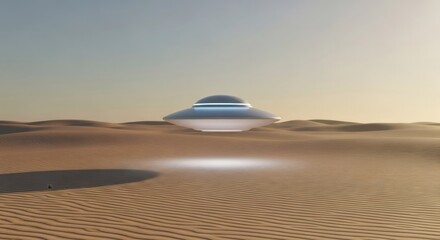 Futuristic unidentified flying object hovers over sand dunes, sci-fi concept. Alien technology and desert landscape for cosmic exploration.