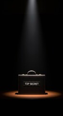 Top secret briefcase in spotlight on wooden table. Important confidential file or document concept. Dark background for high security business.