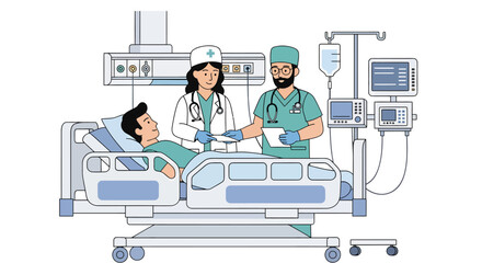 Cartoon patient in hospital bed with doctor and nurse reviewing chart.