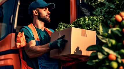 Delivery worker carrying fresh produce in a cardboard box at sunset
