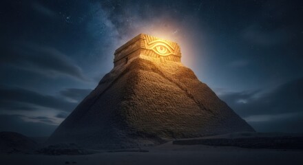 Ancient pyramid with glowing eye symbol on top. Mysterious temple under starry night sky. Esoteric wisdom and spirituality concept.