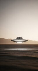 Silvery flying saucer hover above desert land. Unidentified space object a concept of alien on another planet.