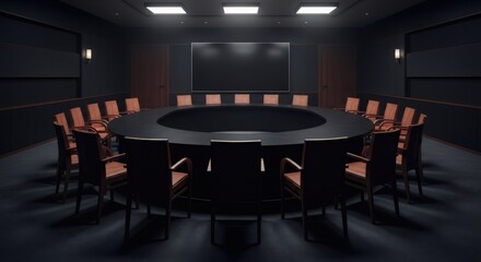 Empty modern dark conference room with a large round table and wooden chairs, a blank screen for presentations. Business meeting area for corporate strategies and discussions.