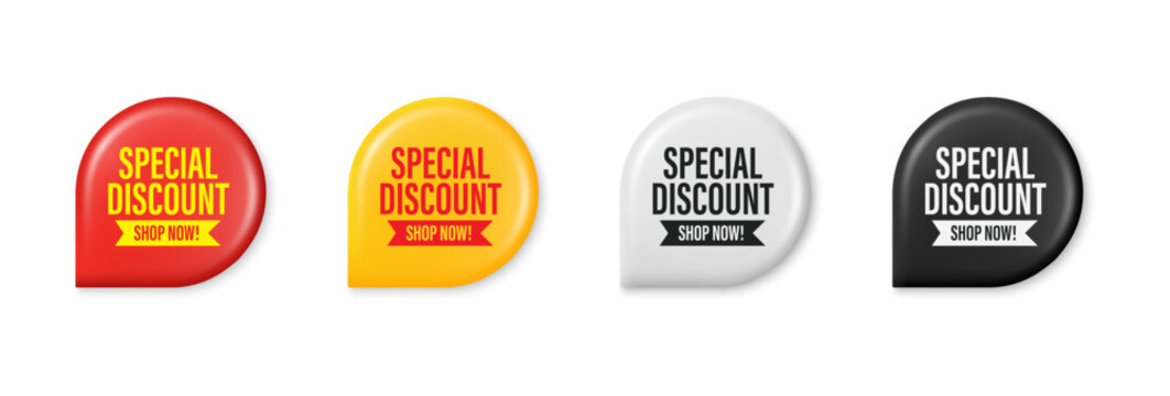 Special discount minimal symbol. 3D glossy sticker badge with offer message. Advertising discounts symbol. Promotion set for clearance sale and advertisement. Trendy and modern vector in 3d style.