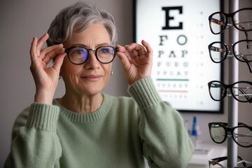 A senior woman tries on new eyeglasses at an eye exam