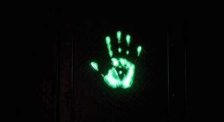 Green glowing handprint on a dark metal background. Futuristic security system concept. Bio-identification technology for access control.