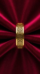Close up of a gold ring with ornate carvings resting on luxurious red velvet fabric. Jewelry and precious metal concept for engagement or wedding day.