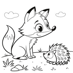 Fox and Hedgehog a curious fox gently poking a shy hedgehog with its nose, both drawn in a cute cartoon © Ghost