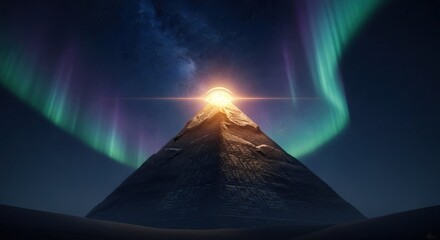 Ancient pyramid in desert at night with all seeing eye. Esoteric concept with aurora borealis and stars. For mythology and history.