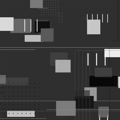 Geometric minimalism. Composition of rectangles, lines and dots, executed in a monochrome palette. Contrasting shades of gray, white and black give the work a modern and technological look