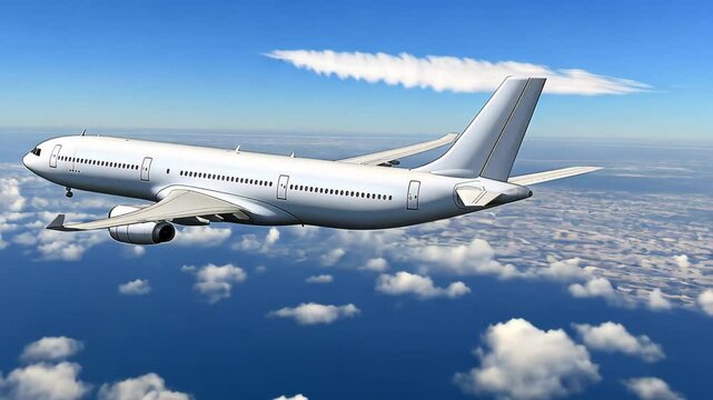 White airplane soaring through the clear blue sky at high altitude above fluffy clouds, white airplane flying in blue sky and plane flying smoke trail behind