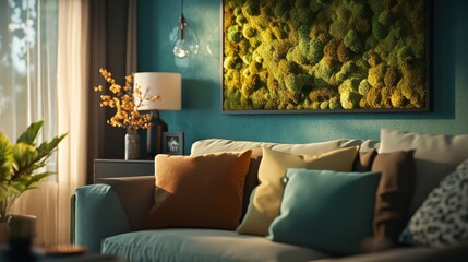 Teal living room with moss wall art and warm lighting.