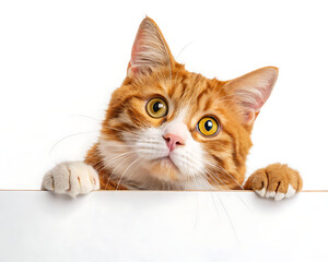 Ginger tabby cat peering over a white surface with curious expression and paws visible on the edge