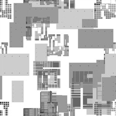 Geometric minimalism. Composition of rectangles, lines and dots, executed in a monochrome palette. Contrasting shades of gray, white and black give the work a modern and technological look