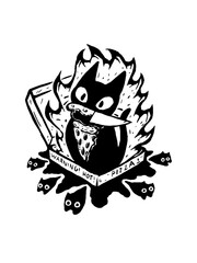 Furious black cat with knife and pizza in a fiery box. Warning: Hot!