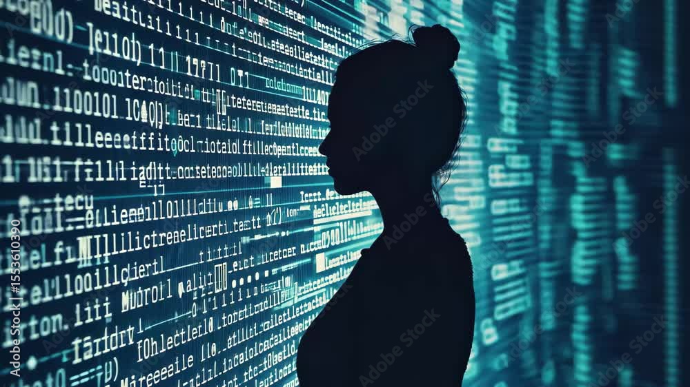 Poster silhouette of a person against a backdrop of flowing digital code in a dark setting, silhouette of a