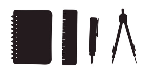 A collection of common school supplies: a notebook, a ruler, an eraser, and a pair of compasses. Representing education. Isolated on a clean white background. School, academic vector style.