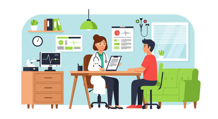 Doctor with stethoscope consulting patient in office reviewing medical history.