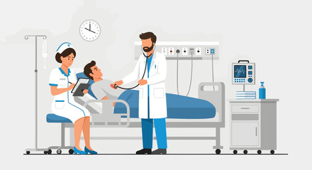 Doctor with Stethoscope Examining Patient While Nurse Takes Notes in Hospital Room.