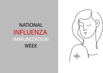 National Influenza Immunization Week with a line drawing of a woman’s shoulder showing a bandage after vaccination. Continuous line art vector illustration. linear banner
