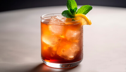 realistic illustration of a cocktail in a glass with ice. The drink has a rich color, decorated with a slice of citrus and a sprig of mint.