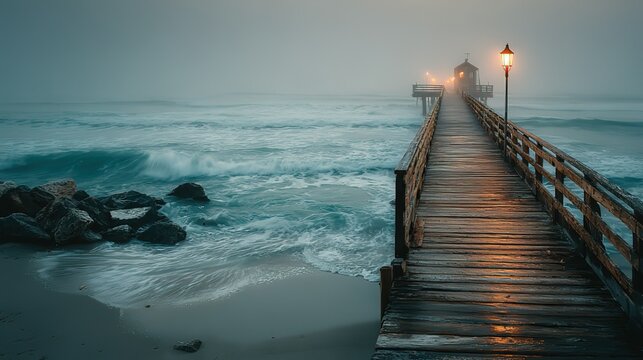 Wooden pier stretching into calm ocean, a serene escape into simplicity and peace
