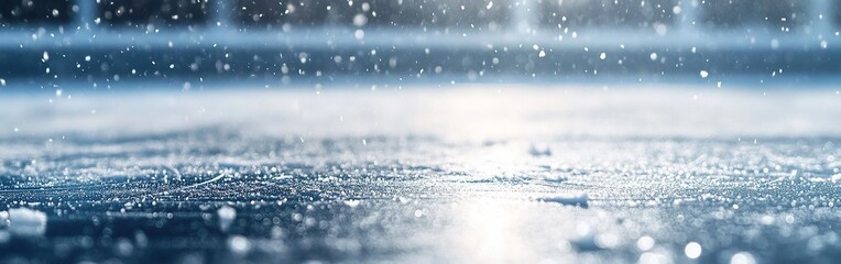 Snow falling on ice, with visible snowflakes and intricate rink lines. A close-up of the texture of frozen
