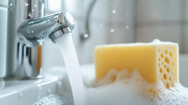 Closeup of soap being rinsed under faucet water flowing white foam hygiene cleanliness