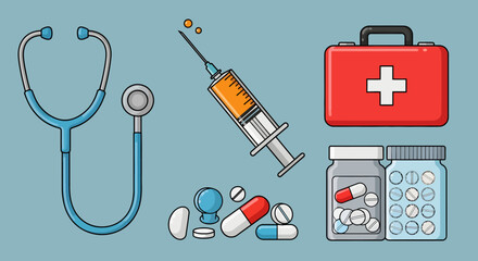 Medical Supplies Stethoscope Syringe First Aid Kit and Pill Bottles Illustration.