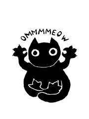 Meditating cat illustration with 'OMMMMMEOW' text, peaceful and cute