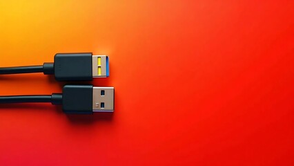 Black USB-C Connectors with Colorful Tabs on Vibrant Red-Orange Gradient Background