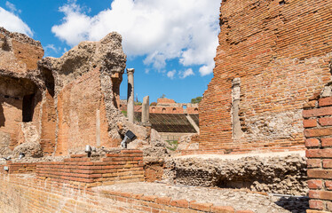 Ruins of the ancient Greek theater in Taormina, in the province of Messina, Sicily, Italy.