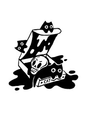 Spooky skull in a 'CAT' box with melting black cats illustration
