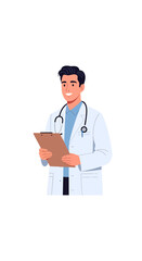 Fototapeta premium Smiling doctor in white coat holding clipboard with stethoscope around neck 1.