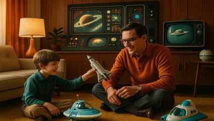 A high-resolution photograph in retro-futuristic style. The scene combines vintage mid-century aesthetics with futuristic elements such as neon signs, futuristic fashion, chrome surfaces, or sci-fi ar