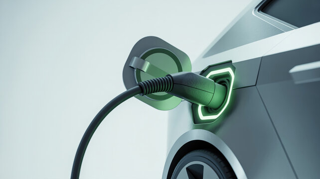 Close-up of an electric car charging, highlighting green technology, sustainable energy, and the future of transportation.