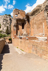 Ruins of the ancient Greek theater in Taormina, in the province of Messina, Sicily, Italy.