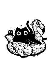 Funny cats riding a flamingo floatie, whimsical summer illustration
