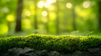 Naklejka premium Serene forest scene featuring vibrant green moss flourishing on a rock, with delicate young plants emerging, bathed in soft sunlight.