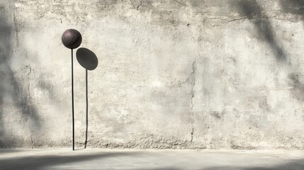 Two dark spheres on tall, vertical metal rods against a textured wall.