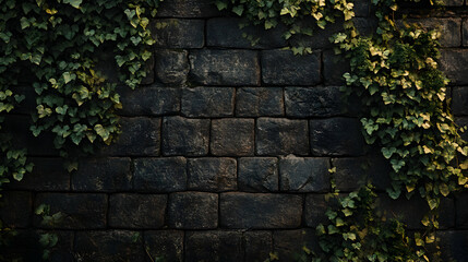 Dark stone wall texture with lush green ivy growing on the sides, creating a natural and rustic backdrop.